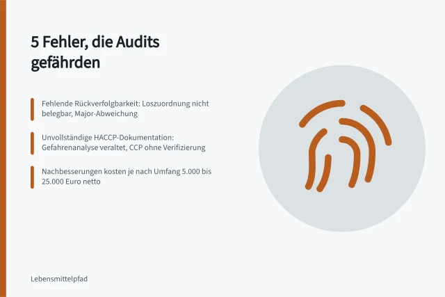 Karte zu fünf Auditfehlern in der Lebensmittelproduktion und ihren Kosten. Qualitätssicherung: 5 Fehler, die Audits gefährden